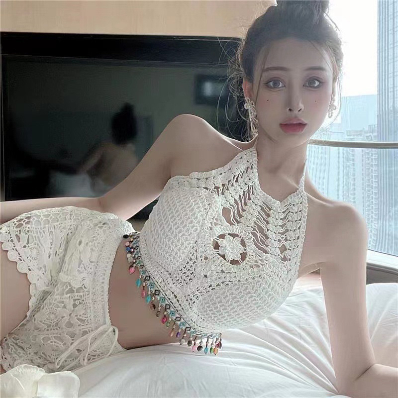 Ready stock Malaysia swimsuit bikini swimwear高档质量针织比基尼上衣 AA6 彩色流苏 挂脖白