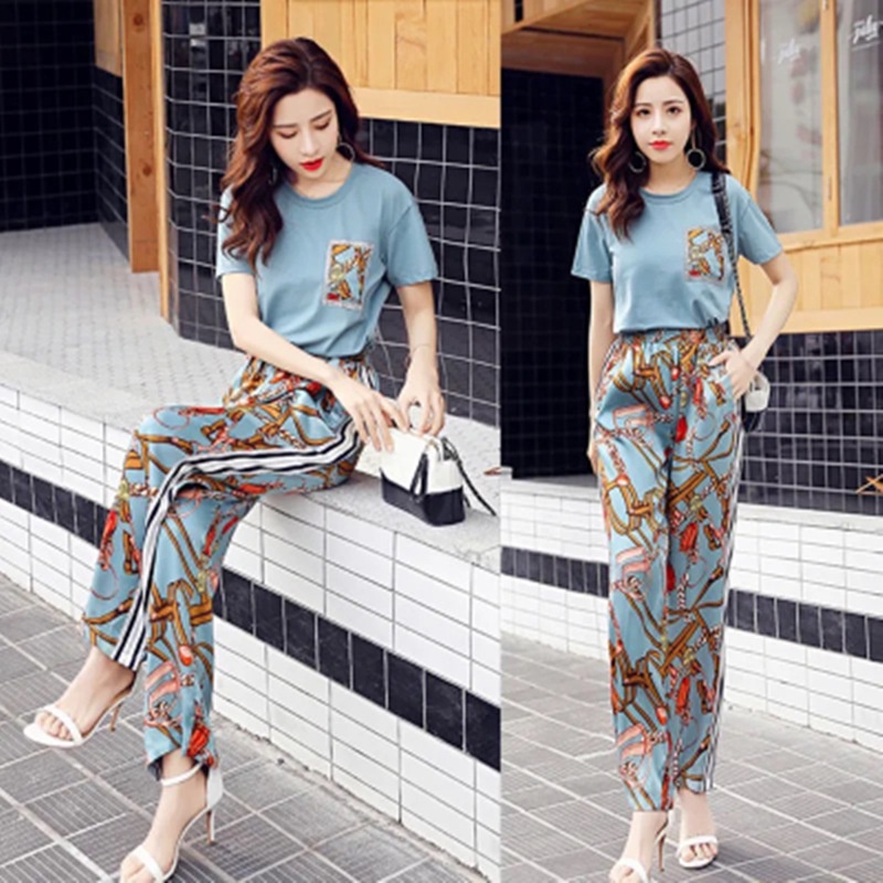 Fashion Women Casual Set Wear Tshirt Pant Set Summer T-shirt + Korean  Printing Loose Wide Leg Pants Two Piece Sports Suit Blue XL