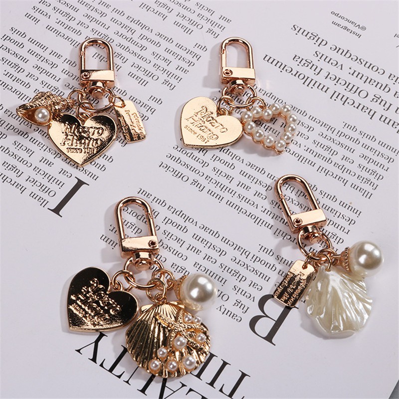 Cute Heart Keychain Women Girl Korean Fashion Shell Pearl Key