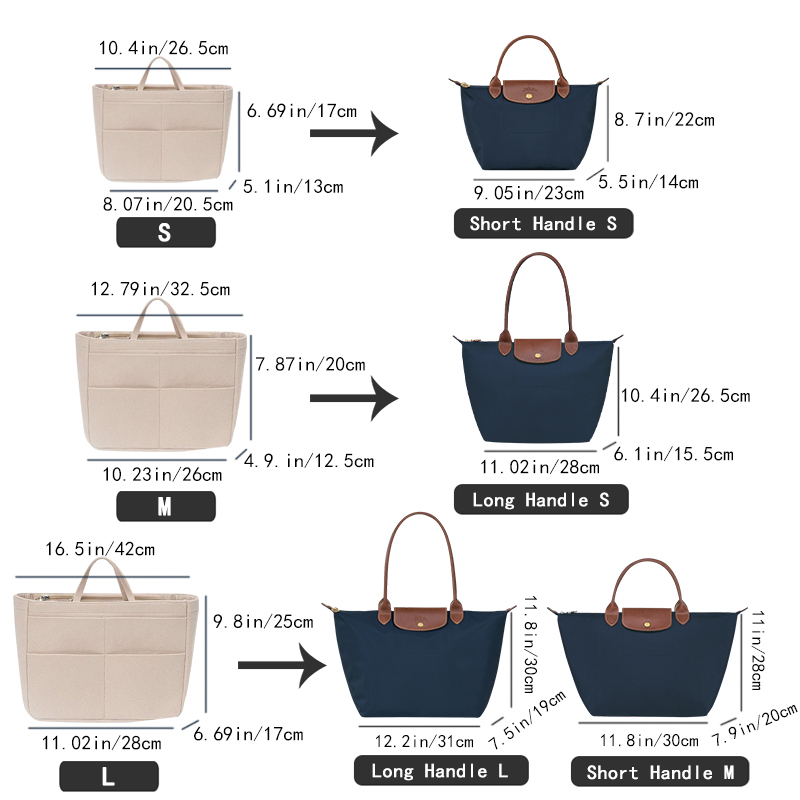 Insert Bag For Longchamp Handbag Women Makeup Organizer Felt Inner Bag  liner Portable Cosmetic Bag Shaper Dark grey M