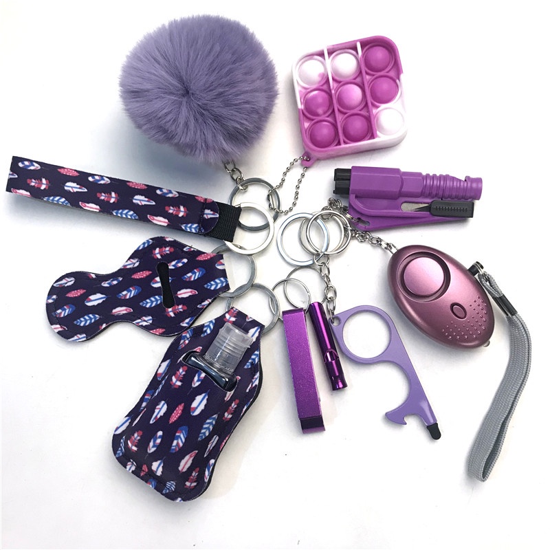 Safety Keychain Set for Woman with Personal Safety Alarm, Pom Pom and Lip  Balm Lanyard WirstletBlue