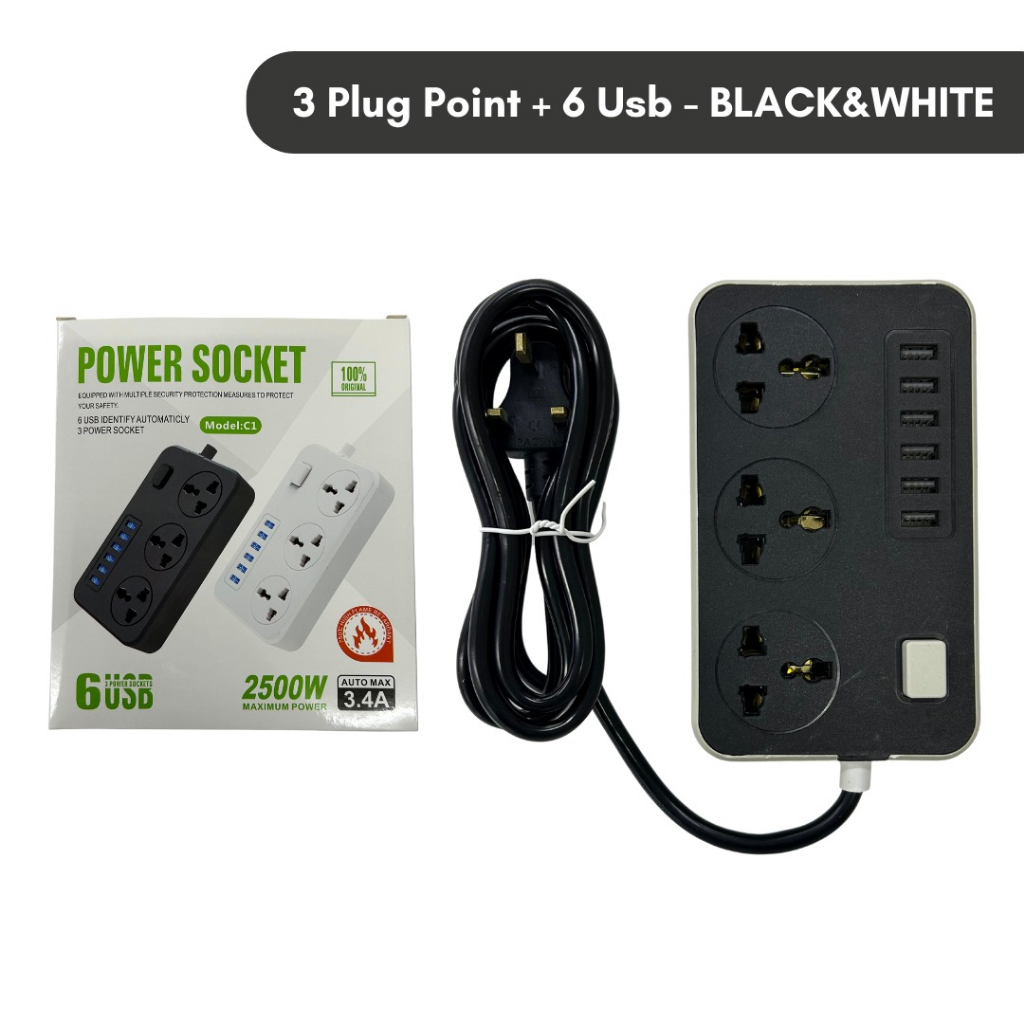 HEBAT NEW UNIVERSAL 3/5/6 Power Socket Square/Round Extension With 3/6 ...