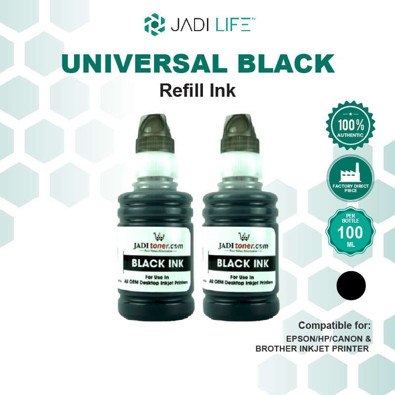 Jadi [Double Pack] Universal Inkjet Deskjet Printer CISS Refill Dye Based Ink Black 100ml For Use In HP 678 680 682 60
