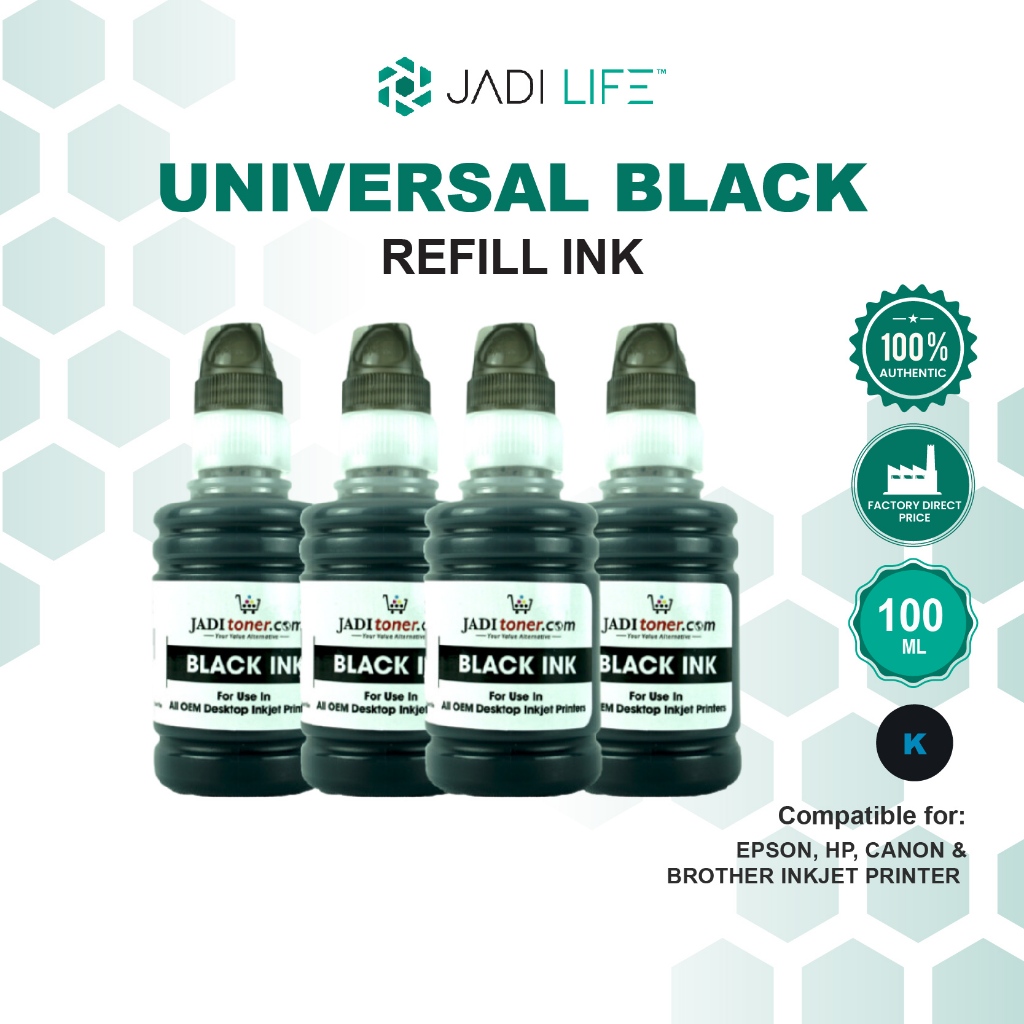 Jadi [Quad Pack] Universal Inkjet Deskjet Printer CISS Refill Ink Dye Based Ink Black 100ml For Use HP 678 680 682 60 61
