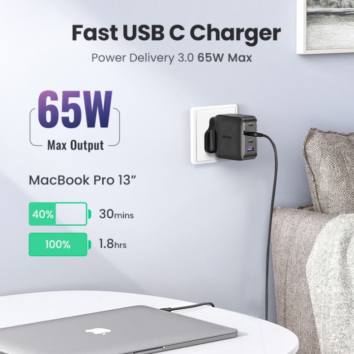 UGREEN 65W GaN Charger UK plug Type C PD USB Charger Quick Charge 4.0 3.0  Fast Adapter for iPhone MacBook Laptop GaN 65W Charger