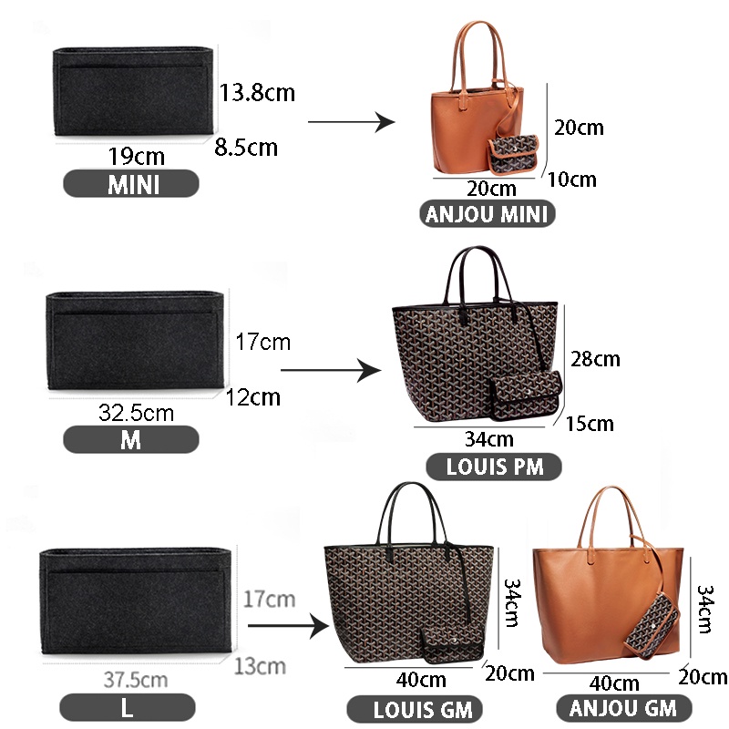 Felt Insert Organizer For Goyard GM PM Mini Tote Bag Womens Handbag Inner  Purse Travel Cosmetic Liner Bags Shaper Black - C Style M